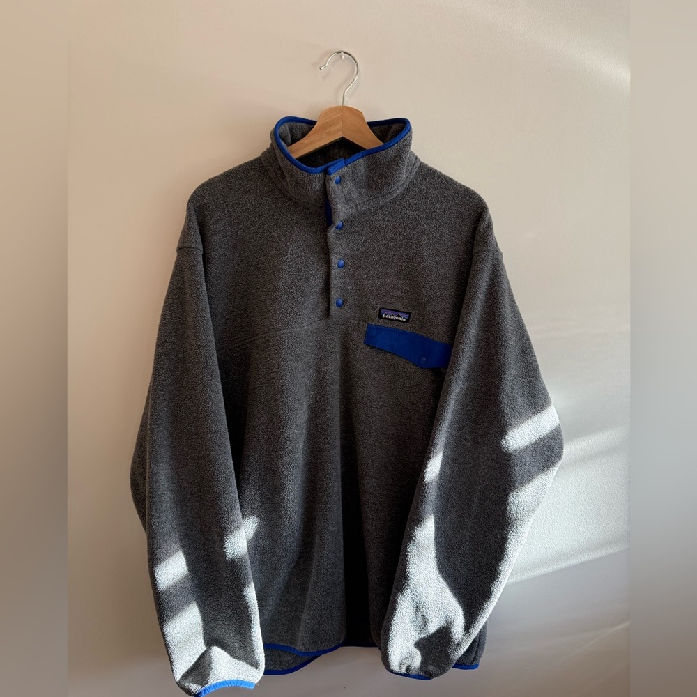 Patagonia Gray Synchilla Fleece with blue Trim